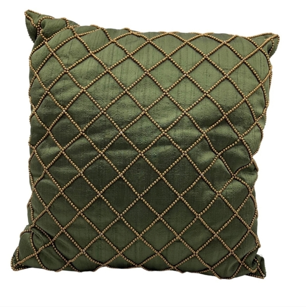 VTG Borgata Green Beaded Silk Throw Pillow MCM Traditional Country French